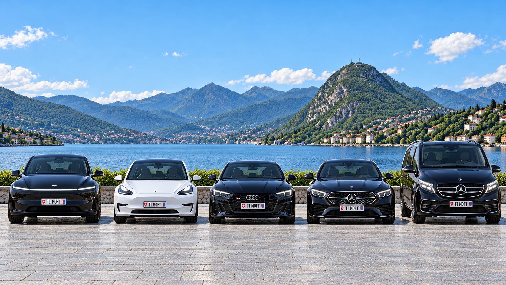 Cinq véhicules Taxi Moft au bord du lac de Lugano en journée : Tesla Model Y, Model 3, Audi S5, Mercedes Classe E et V 350, sans enseignes de taxi