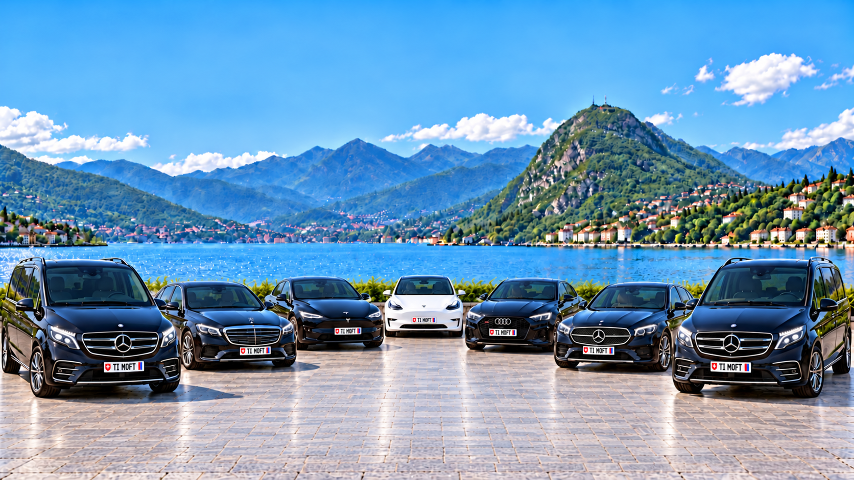 Sept véhicules Taxi Moft disposés en demi-cercle au bord du lac de Lugano en journée