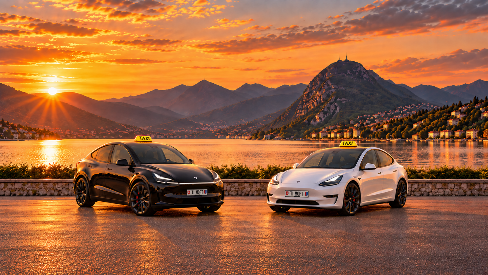 Tesla Model Y noire et Tesla Model 3 blanche avec enseignes de taxi jaunes au bord du lac de Lugano au coucher du soleil