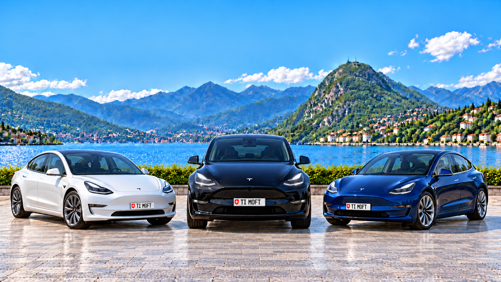 Tesla Model Y noire au centre, Model 3 blanche et bleue de chaque côté au bord du lac de Lugano en journée